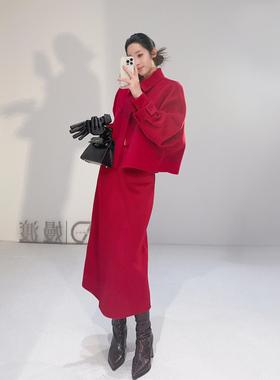 嫚渡强推BI入 高端山羊绒绒高级丰盈时髦显瘦双面呢红色半裙