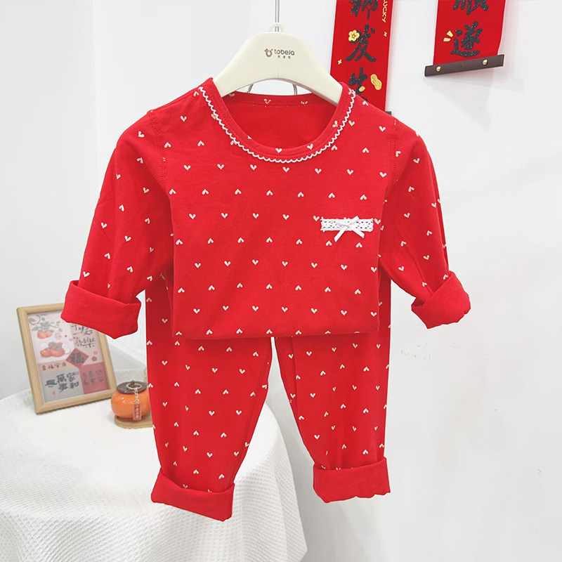 儿童大红色秋衣秋裤家居服宝宝新年服本命年睡衣纯棉无骨内衣套装