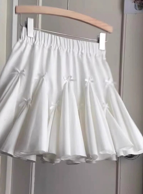 大码蝴蝶结白色蓬蓬半身裙女显瘦蛋糕裙春夏松紧腰高腰A字短裙子