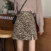 大码 显瘦豹纹秋冬毛呢短裙a字半身裙女韩版 高腰胖mm开叉包臀裙子