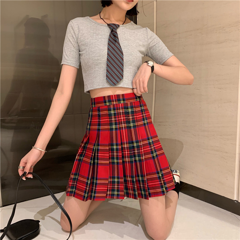 jk胖mm大码学院风红色格子半身裙