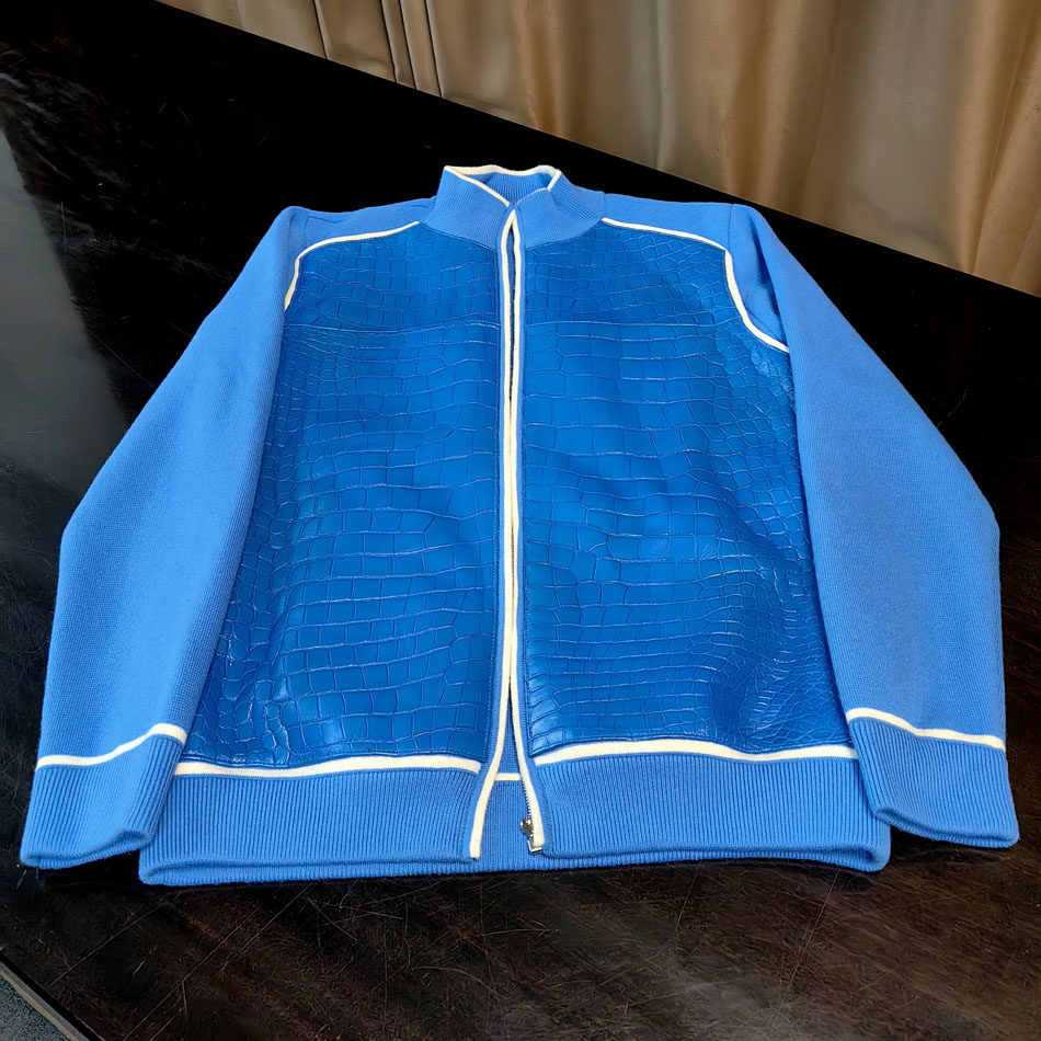 黑色蓝色男士湾鳄配羊绒夹克衫皮革棒球皮衣衣服鳄鱼皮外套