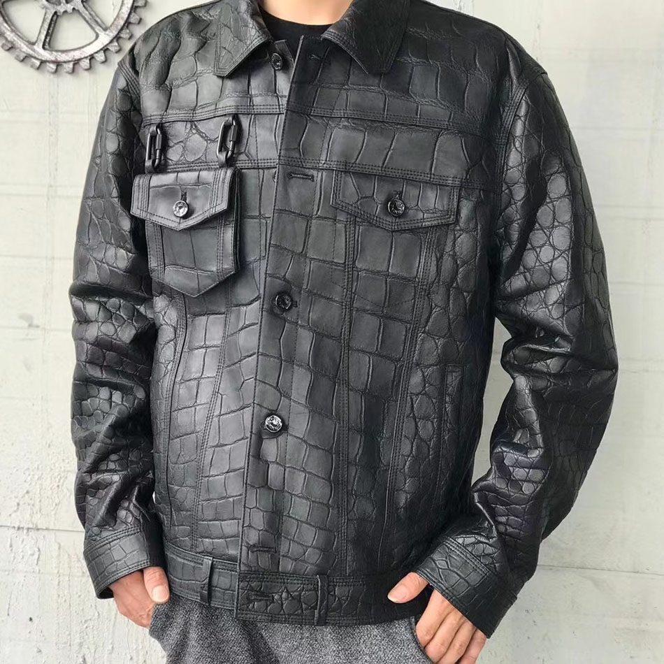 皮衣外套男2025新款男装秋装潮流秋冬季男士黑色雾面鳄鱼皮皮夹克