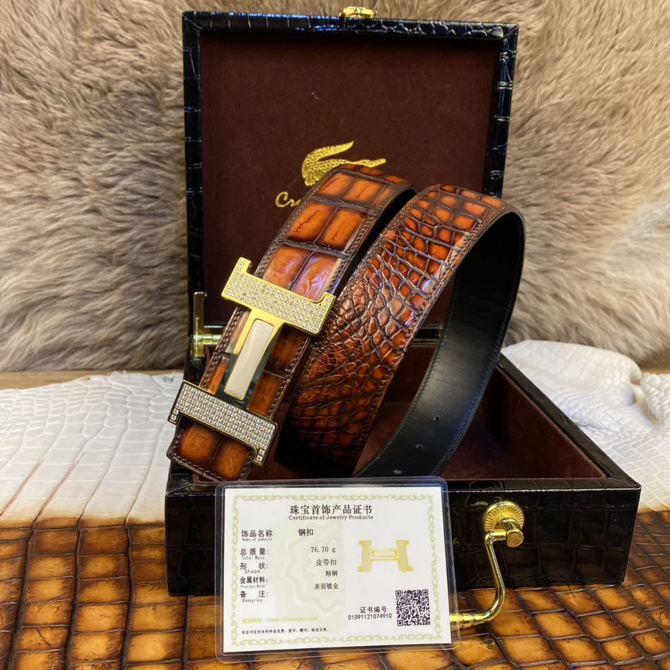擦色鳄鱼皮皮带平滑板扣奢侈品男士真皮腰带24K镀金高档H扣