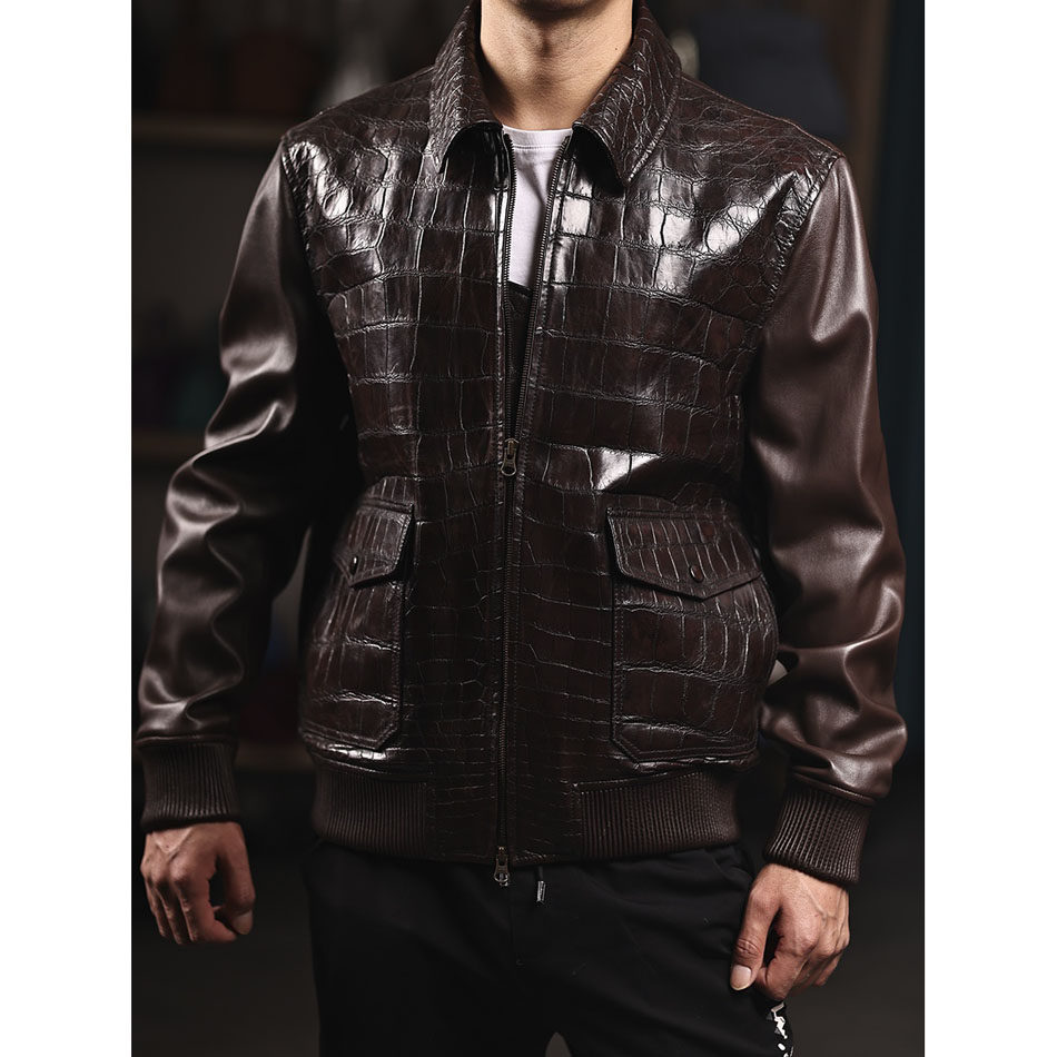 男春秋季2026新款真皮夹克皮衣服秋冬季休闲上衣鳄鱼皮拼牛皮外套