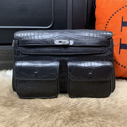 双口袋黑色尼罗鳄鳄鱼皮邮差包嬉皮包单肩斜挎包