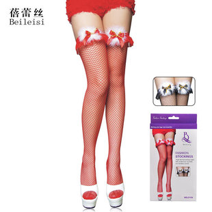 6双包邮  BEILEISI圣诞装蝴蝶结长筒网袜2104性感高统袜大腿袜