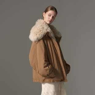 原创设计皮毛一体90白鹅绒羽绒派克大衣女 暖棕慕光 GHJOD studio