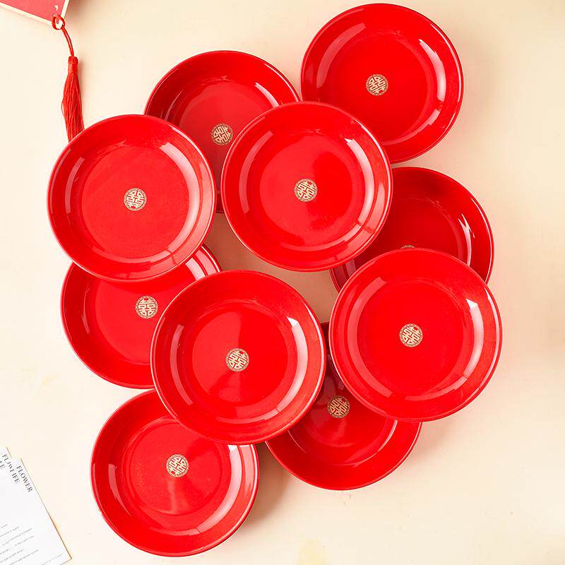 中式宫廷风金喜纯色彩釉圆形红色平盘果盘创意新迁结婚菜碟喜糖盘