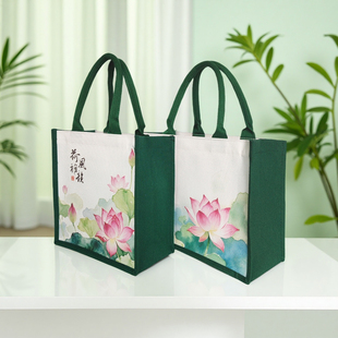 古风荷花帆布袋国风水彩手提礼品袋莲花购物袋手拎包托特包定做