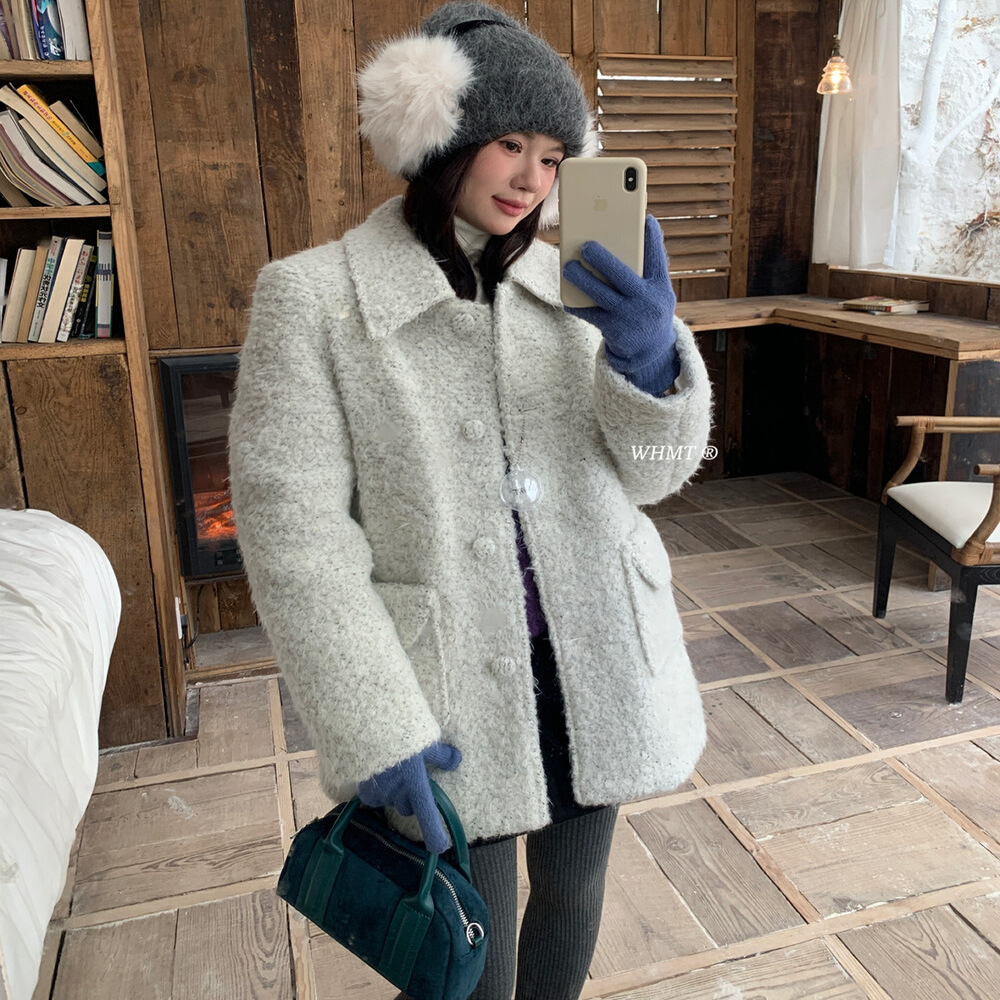 RS.WHMT正品十三行羽绒毛呢大衣外套女冬季翻领口袋显瘦韩系保暖