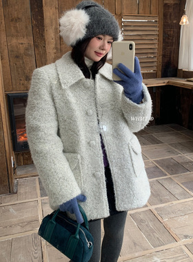 RS.WHMT正品十三行羽绒毛呢大衣外套女冬季翻领口袋显瘦韩系保暖