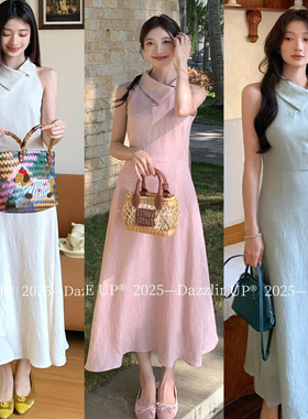 UONE十三行新款不规则翻领连衣裙长裙女夏季无袖修身显瘦气质复古