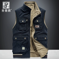 Xe jeep che chắn mùa thu hai mặt vest nam trung niên tay áo denim dụng cụ áo khoác phần mỏng kích thước lớn vest lỏng - Dệt kim Vest áo vest len nam