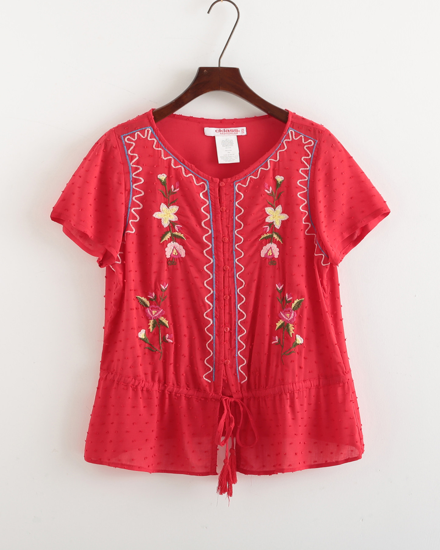 2020夏装新款人造棉棉绸短袖上衣 森女民族风文艺绣花宽松系带t恤