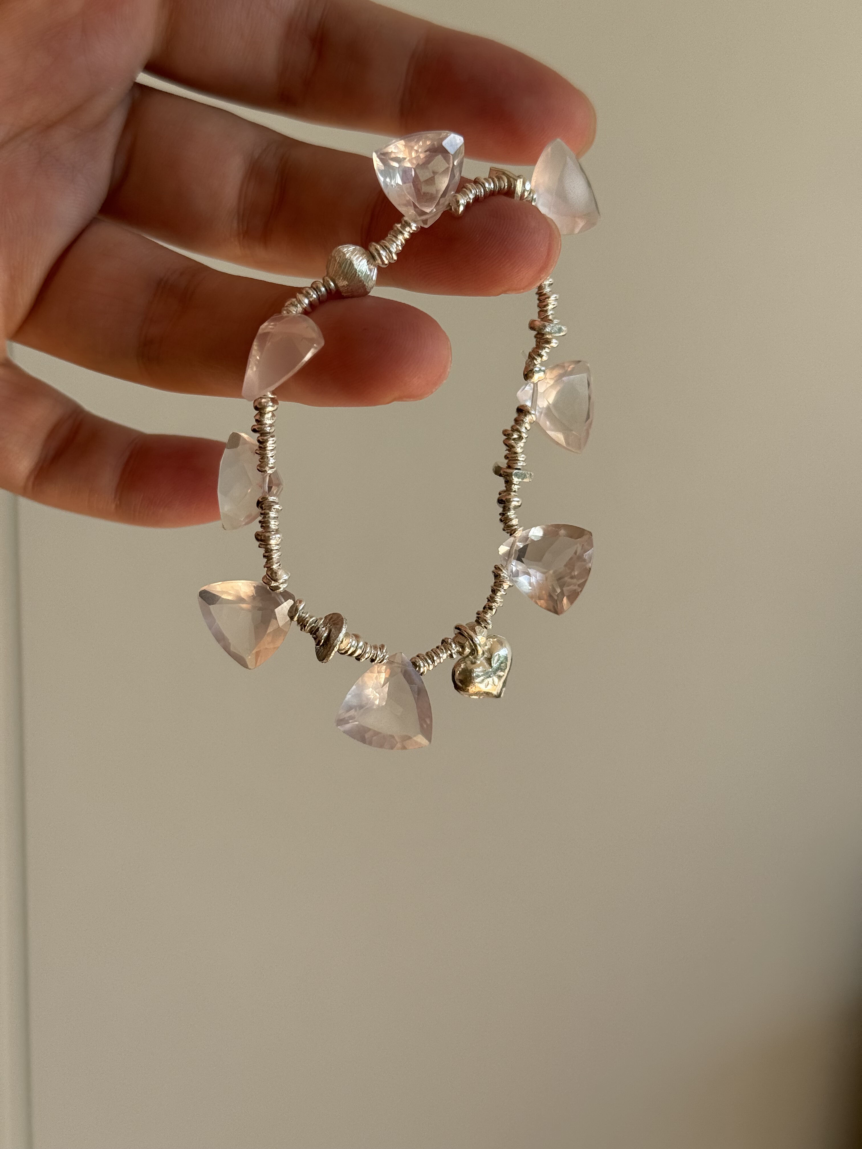 超温柔S925纯银天然粉水晶爱心手链泰银纯银手串小众精致高级感