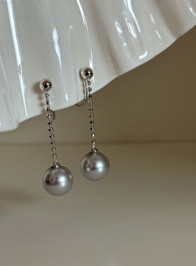 推荐百搭 切花闪闪珠链中长款灰色白色珍珠耳夹 无痛无耳洞耳夹女