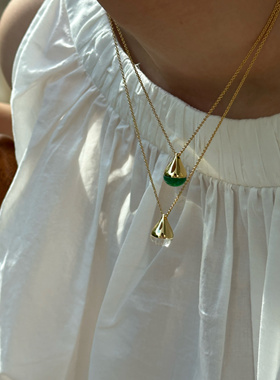 S925银法式复古水滴小众设计白水晶绿玛瑙项链毛衣链精致过年项链