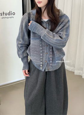 花色渐变连帽针织开衫女宽松慵懒风加厚毛衣外套复古休闲上衣