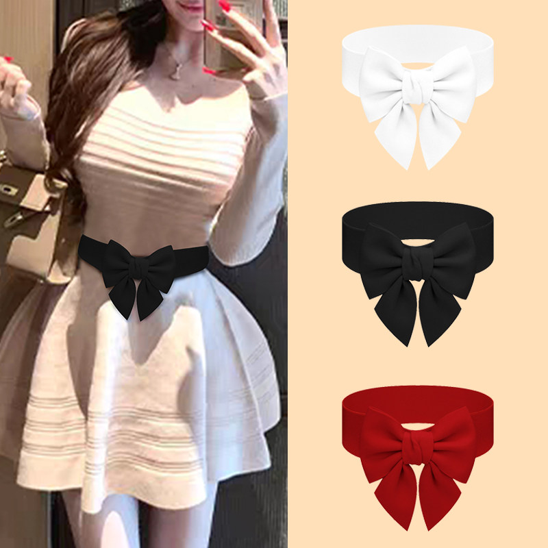 腰封女士黑色大蝴蝶结皮带连衣裙子白色腰带红色配饰弹力松紧收腰