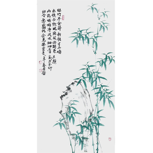 手绘郑板桥风竹子图画芯作品真迹临摹玄关竹石图挂画竖版竹报平安