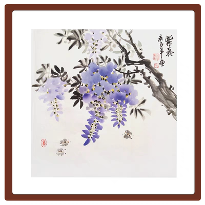 纯手绘真迹紫藤荷花葫芦柿子挂画