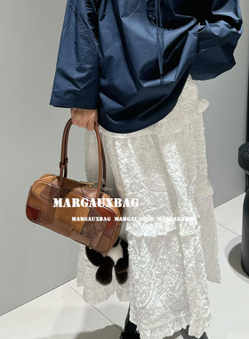 缪家复古拼色头层牛皮长柄小方包腋下包MIU手提包保龄球包女包