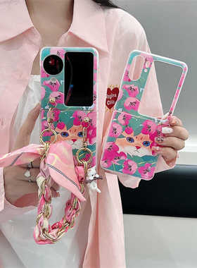 适用于OPPOFindN3Flip手机壳ins韩风花丛卡通猫咪findn2flip折叠屏丝巾手提创意个性n2flip手链N2 Flip硬壳5G