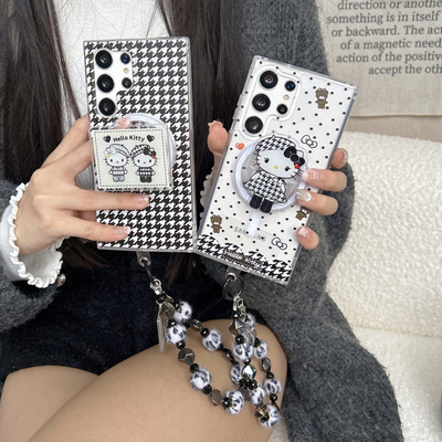ins卡通个性千鸟格KT猫适用三星s25ultra手机壳s24+磁吸支架S23防摔套S24ultra手绳s25plus保护套s26Ultrra套