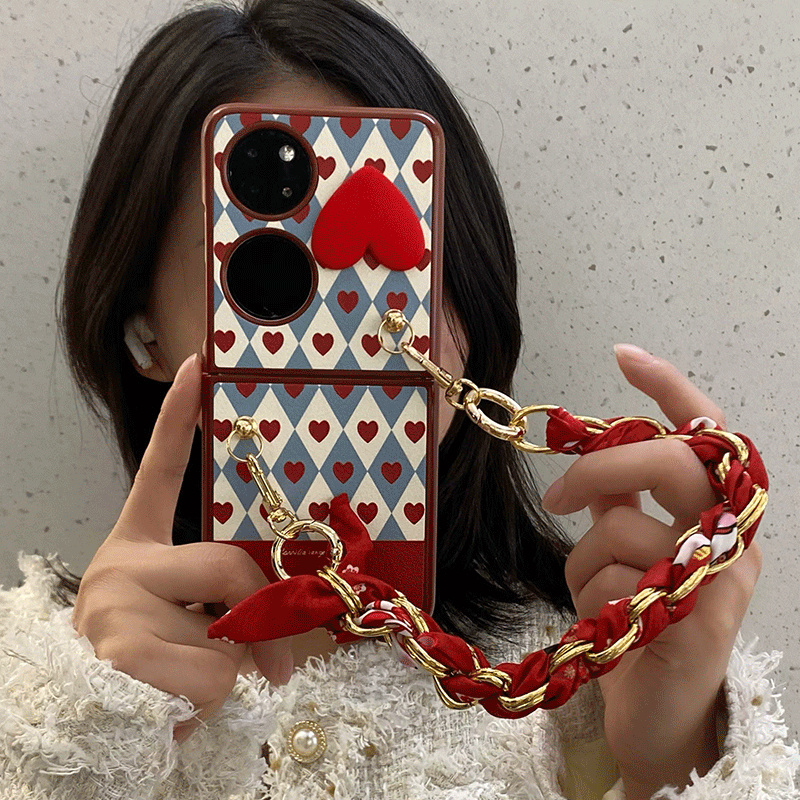 华为pocket2皮纹丝巾手提爱心