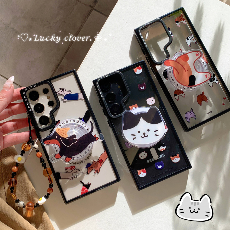 ins韩风卡通可爱猫咪腊肠狗适用三星s24手机壳s25ultra磁吸支架手链S23plus防摔套S24ultra女s25plus保护套
