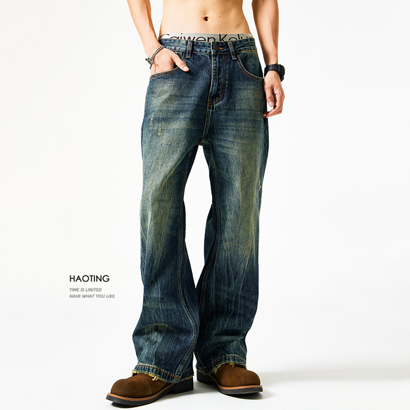 豪霆.微喇叭阔腿牛仔裤男士春季重磅复古水洗宽松直筒休闲拖地裤