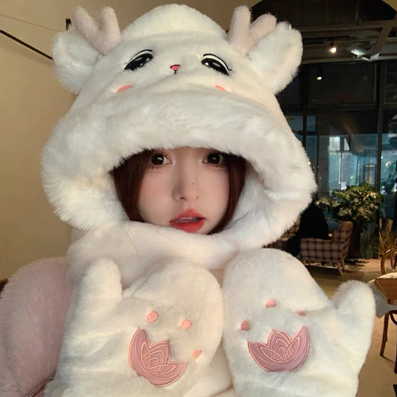 可爱龙角帽子秋冬季围巾手套一体