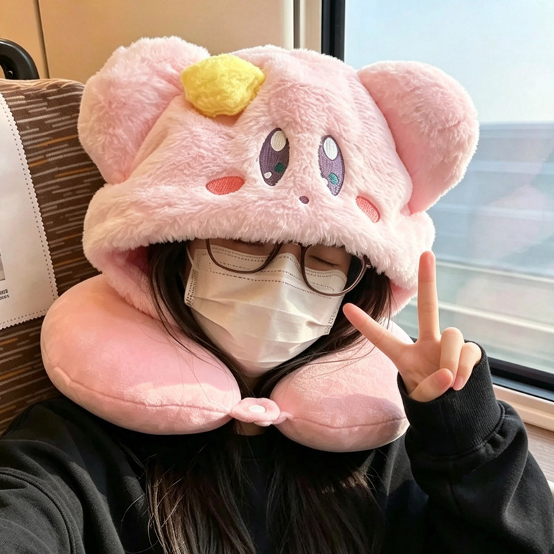 可爱卡通星之卡比U型枕毛绒连帽护颈椎枕头高铁旅行睡觉遮光靠枕