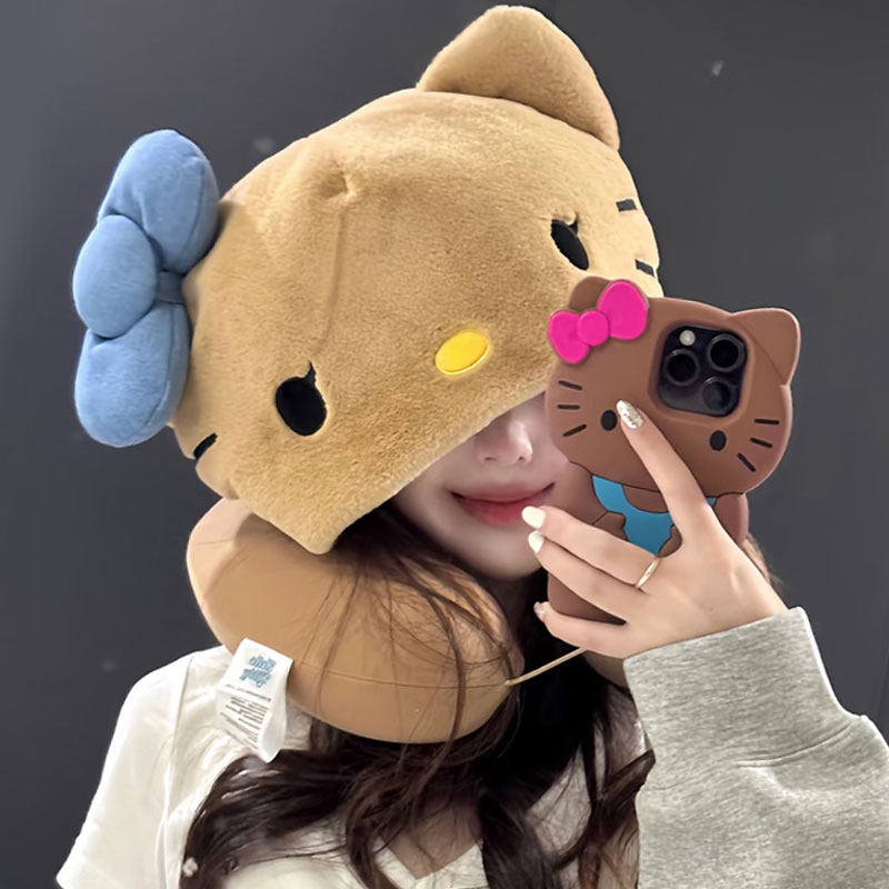 卡通HelloKitty猫U型枕女可爱连帽护颈椎飞机高铁旅行办公室靠枕