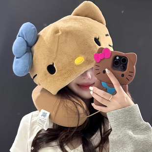 卡通HelloKitty猫U型枕女可爱连帽护颈椎飞机高铁旅行办公室靠枕