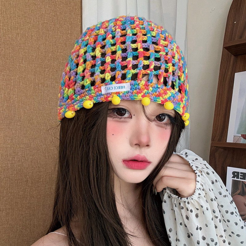 2026新款珍珠镂空包头帽女春夏季薄款民族风显脸小针织流苏帽子女
