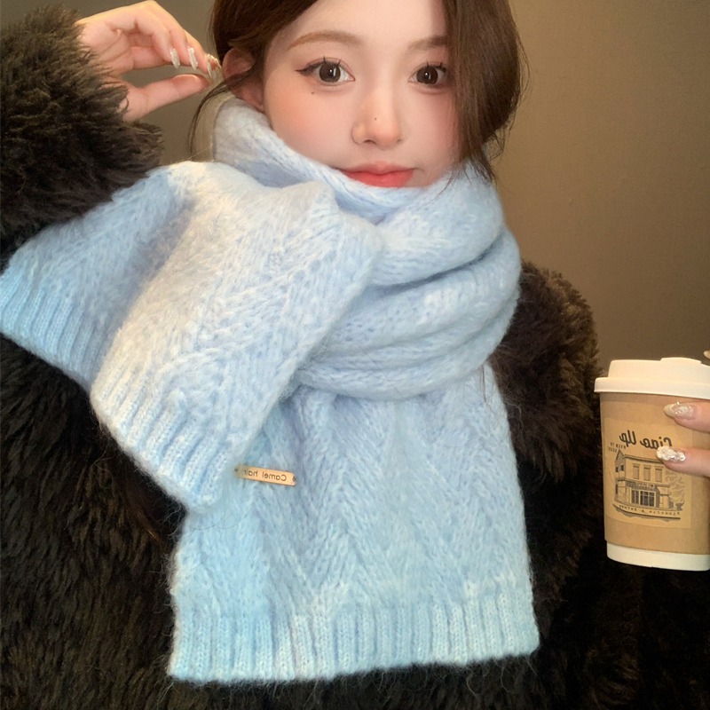 韩版氛围感蓝色软糯针织围巾