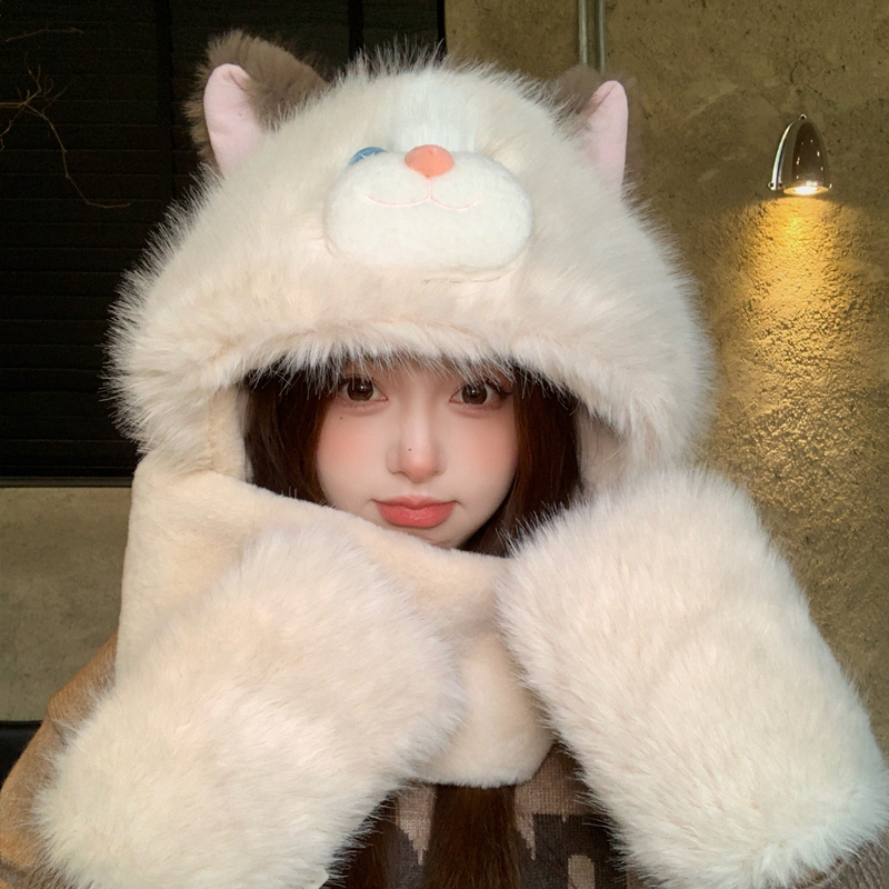 可爱猫咪毛绒帽女秋冬季三件套