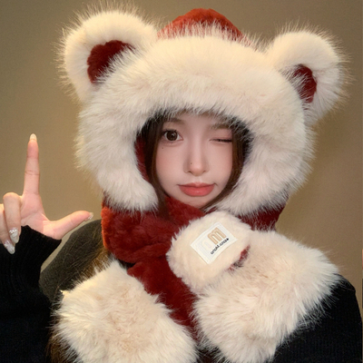 可爱小熊耳毛绒帽子护耳围脖一体