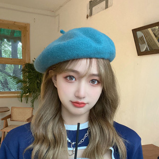 羊毛贝雷帽女秋冬韩系英伦复古糖果色冬季 毛呢蓓蕾帽画家帽大头围