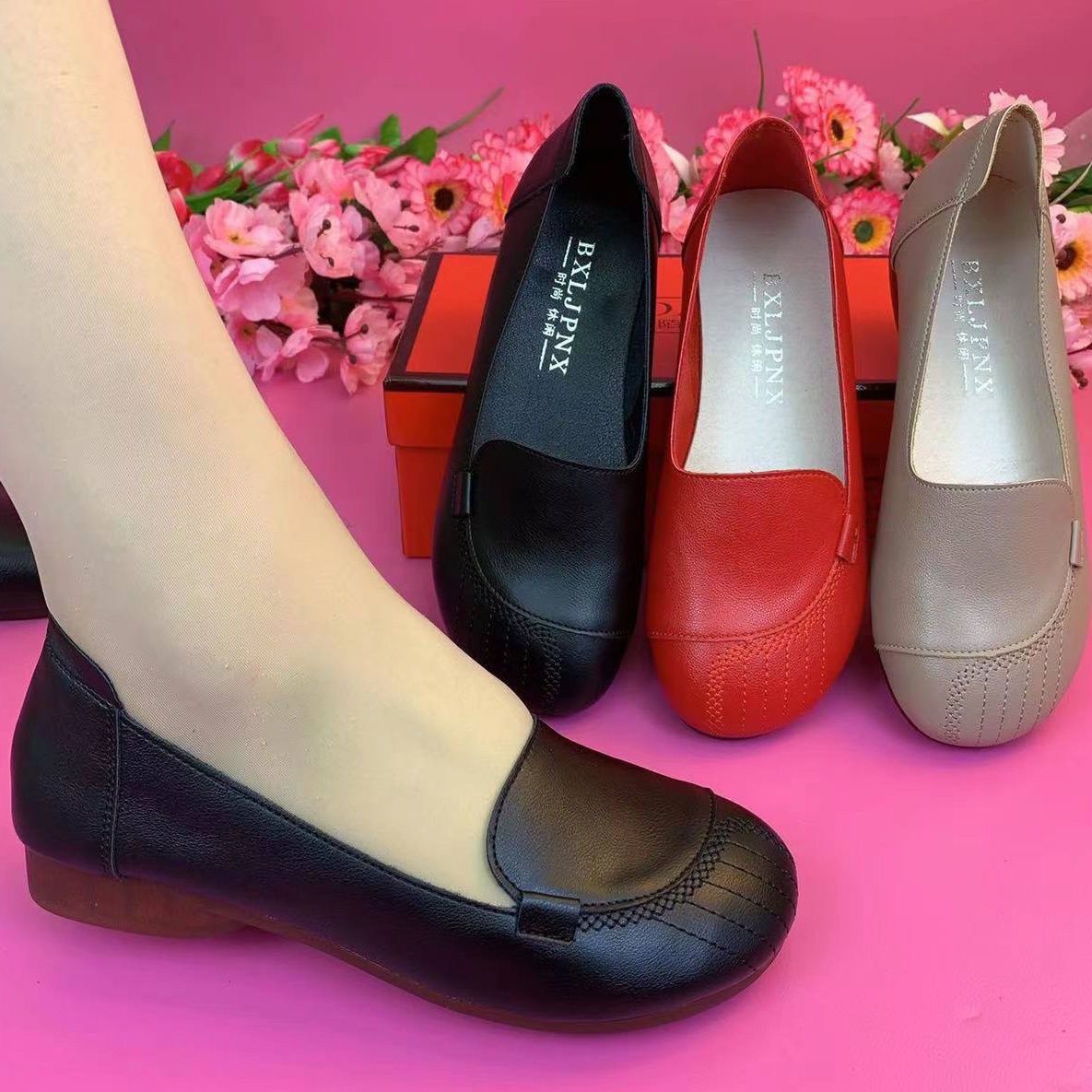 乐福鞋女2024春秋新款真皮休闲单鞋牛筋软底中老年圆头浅口妈妈鞋