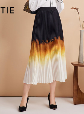 [设计总监然姐]EITIE爱特爱渐变晕染百褶高腰A字显瘦长裙半身裙