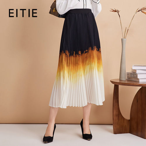 [设计总监然姐]EITIE爱特爱渐变晕染百褶高腰A字显瘦长裙半身裙