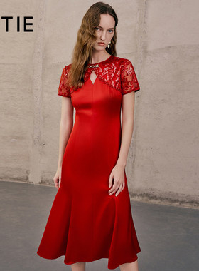 [设计总监然姐]EITIE爱特爱蕾丝拼接镂空中式修身显瘦礼服连衣裙