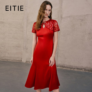 [设计总监然姐]EITIE爱特爱蕾丝拼接镂空中式修身显瘦礼服连衣裙