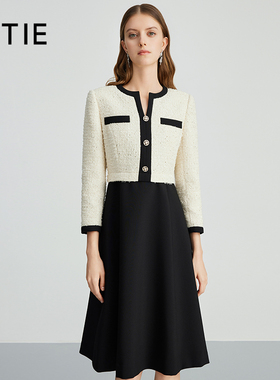 【设计总监然姐】EITIE爱特爱优雅撞色显瘦小香风A字连衣裙秋新款