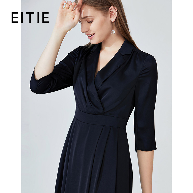 EITIE爱特爱品牌女装秋款时尚显瘦V领高腰长裙垂坠七分袖连衣裙女怎么样,好用不?
