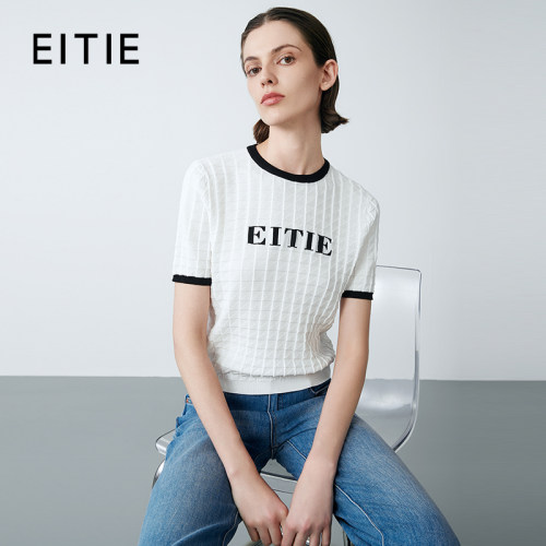 【设计总监然姐】EITIE爱特爱印花撞色时尚格子修身短袖针织衫