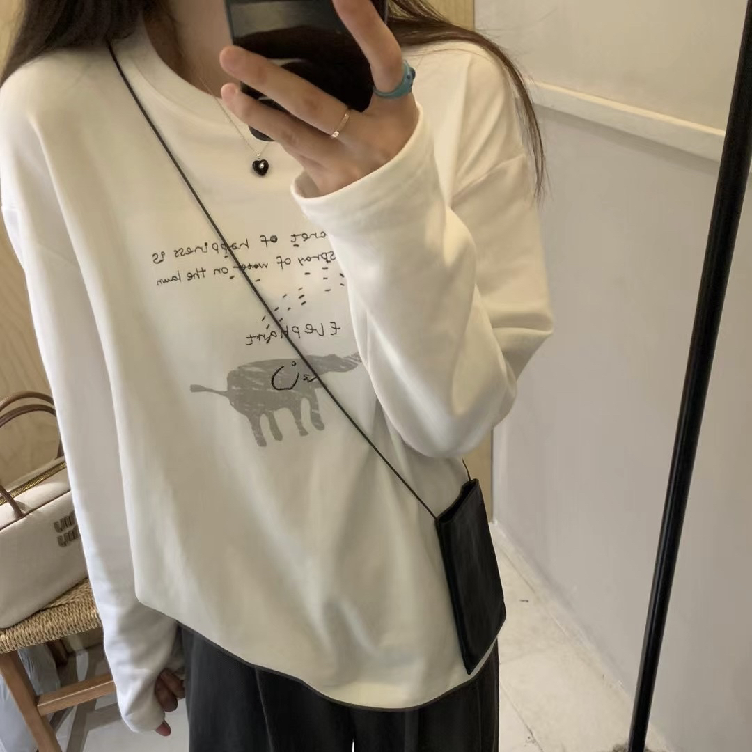 ID白色棉长袖t恤女2024新款秋冬内搭打底衫宽松中长款上衣设计感